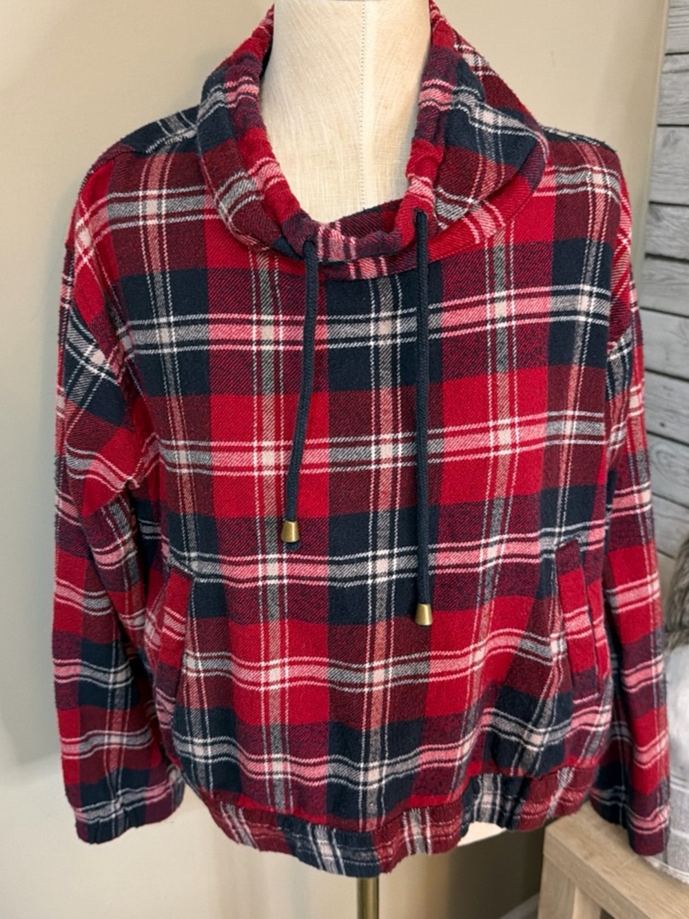 Forever 21 Red & Black Plaid Cowl Neck Pullover - Picture 2 of 7